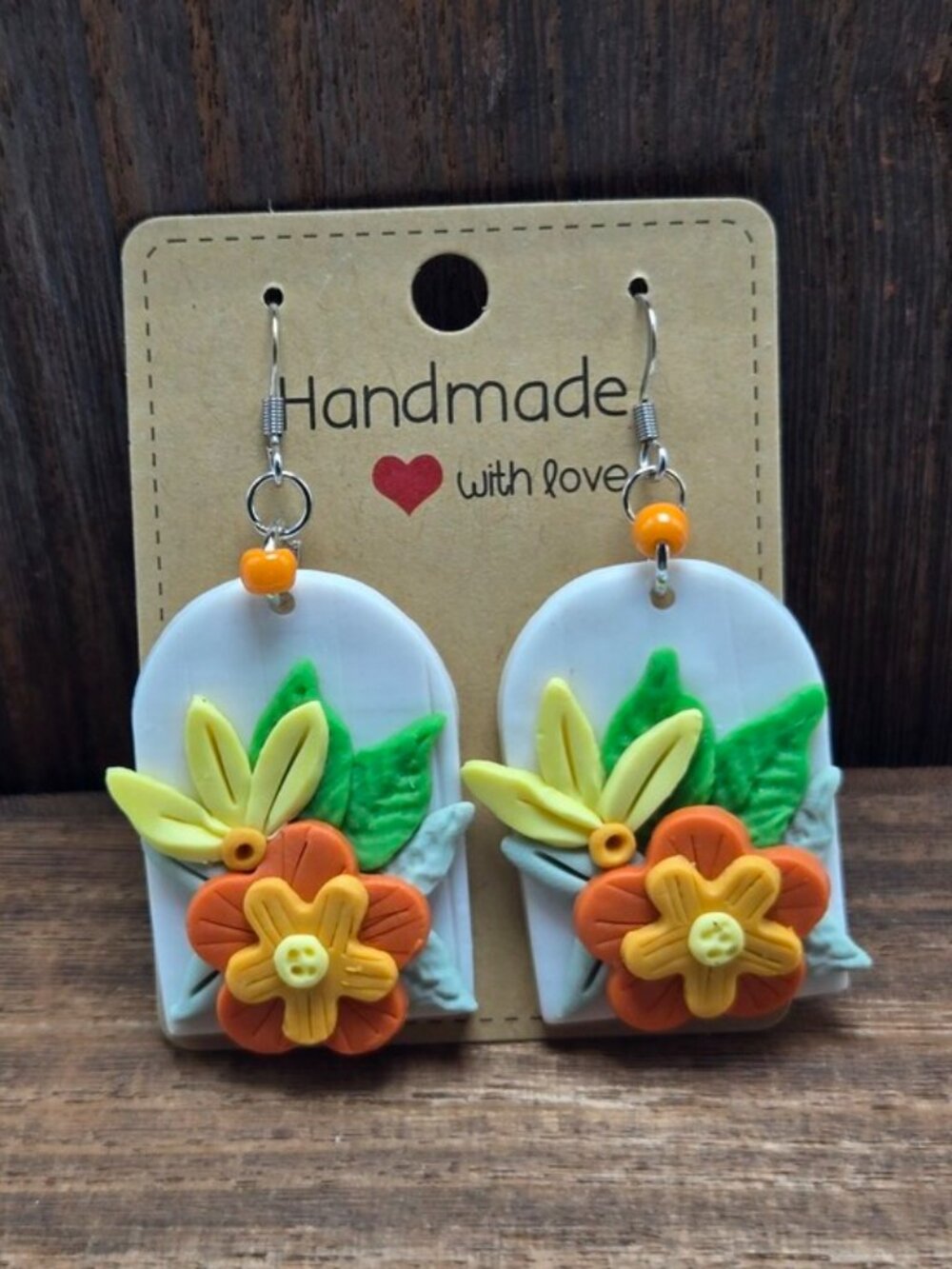 NWT Floral Orange Yellow Polymer Clay Earrings Pierced Silver Tone Accent Glass
